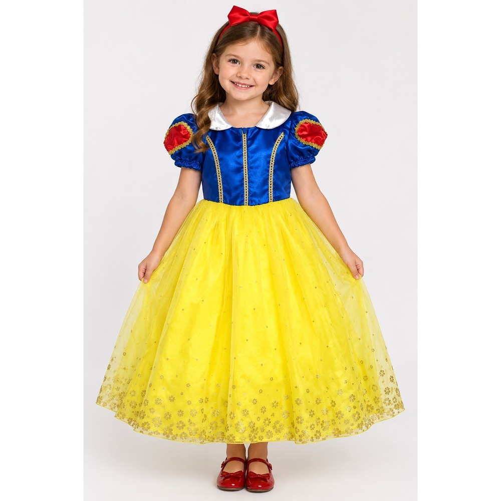 Snow White Princess Costume Dress Girls Size 5/6T Blue Yellow Tulle Gold Glitter